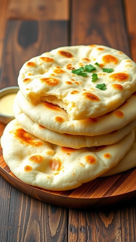 Stack of golden air fryer naan with garlic butter, on a rustic table with cilantro garnish.